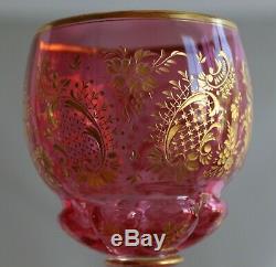 Antique Bohemian Moser Cranberry Engraved Gold Gilt Glass Wine Goblet