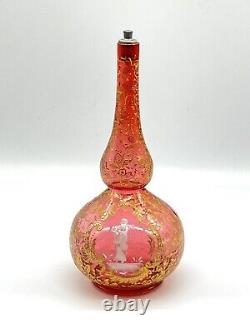 Antique Bohemian Moser Cranberry Glass Vase/Bottle Handpainted Gold Leaf 8