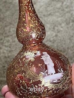 Antique Bohemian Moser Cranberry Glass Vase/Bottle Handpainted Gold Leaf 8
