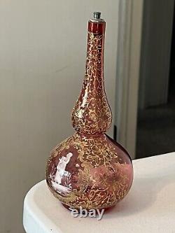 Antique Bohemian Moser Cranberry Glass Vase/Bottle Handpainted Gold Leaf 8