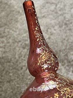 Antique Bohemian Moser Cranberry Glass Vase/Bottle Handpainted Gold Leaf 8