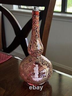 Antique Bohemian Moser Cranberry Glass Vase/Bottle Handpainted Gold Leaf 8