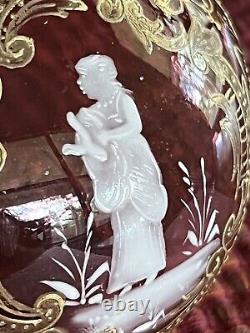 Antique Bohemian Moser Cranberry Glass Vase/Bottle Handpainted Gold Leaf 8