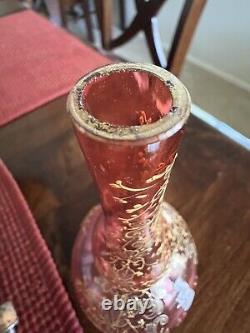 Antique Bohemian Moser Cranberry Glass Vase/Bottle Handpainted Gold Leaf 8