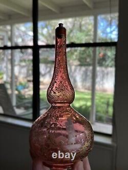 Antique Bohemian Moser Cranberry Glass Vase/Bottle Handpainted Gold Leaf 8