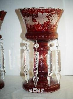 Antique Bohemian Moser Glass Cranberry Cut To Clear Crystal Mantle Luster