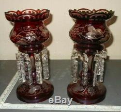Antique Bohemian Moser Glass Cranberry Cut To Clear Crystal Mantle Luster