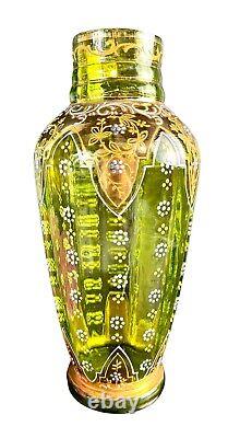 Antique Bohemian Moser Glass Vase Emerald Green Handpainted Enamel Scroll 10.75