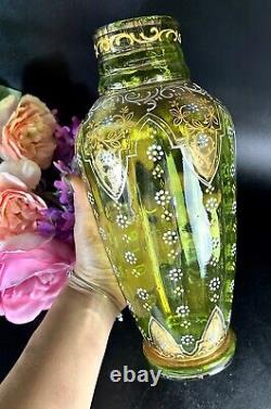 Antique Bohemian Moser Glass Vase Emerald Green Handpainted Enamel Scroll 10.75