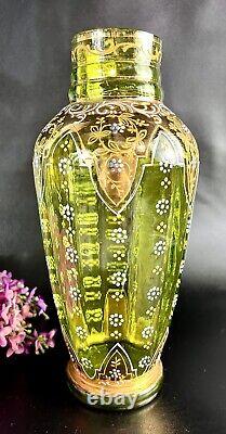 Antique Bohemian Moser Glass Vase Emerald Green Handpainted Enamel Scroll 10.75