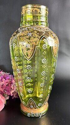 Antique Bohemian Moser Glass Vase Emerald Green Handpainted Enamel Scroll 10.75