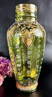 Antique Bohemian Moser Glass Vase Emerald Green Handpainted Enamel Scroll 10.75