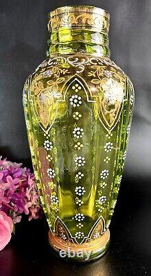 Antique Bohemian Moser Glass Vase Emerald Green Handpainted Enamel Scroll 10.75