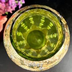 Antique Bohemian Moser Glass Vase Emerald Green Handpainted Enamel Scroll 10.75