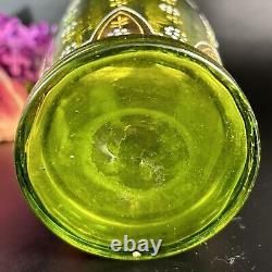 Antique Bohemian Moser Glass Vase Emerald Green Handpainted Enamel Scroll 10.75