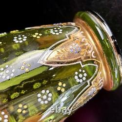 Antique Bohemian Moser Glass Vase Emerald Green Handpainted Enamel Scroll 10.75