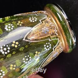 Antique Bohemian Moser Glass Vase Emerald Green Handpainted Enamel Scroll 10.75