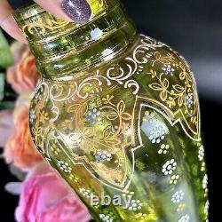 Antique Bohemian Moser Glass Vase Emerald Green Handpainted Enamel Scroll 10.75