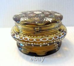 Antique Bohemian Moser Style Enameled Amber Glass Hinged Trinket Box