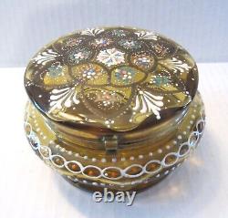 Antique Bohemian Moser Style Enameled Amber Glass Hinged Trinket Box