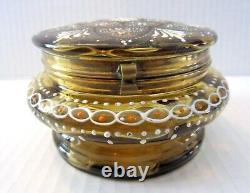 Antique Bohemian Moser Style Enameled Amber Glass Hinged Trinket Box