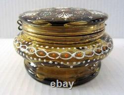 Antique Bohemian Moser Style Enameled Amber Glass Hinged Trinket Box