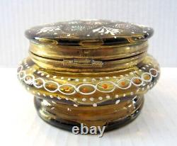 Antique Bohemian Moser Style Enameled Amber Glass Hinged Trinket Box