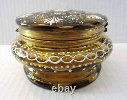 Antique Bohemian Moser Style Enameled Amber Glass Hinged Trinket Box