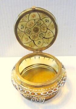 Antique Bohemian Moser Style Enameled Amber Glass Hinged Trinket Box