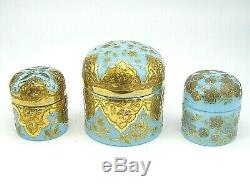 Antique Bohemian Moser opaline glass gold enamel dressing table pot trinket box