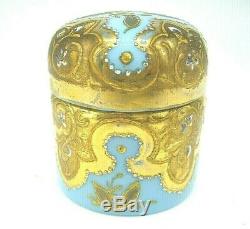 Antique Bohemian Moser opaline glass gold enamel dressing table pot trinket box