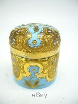 Antique Bohemian Moser opaline glass gold enamel dressing table pot trinket box