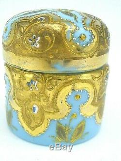 Antique Bohemian Moser opaline glass gold enamel dressing table pot trinket box