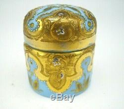 Antique Bohemian Moser opaline glass gold enamel dressing table pot trinket box