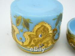 Antique Bohemian Moser opaline glass gold enamel dressing table pot trinket box