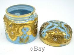 Antique Bohemian Moser opaline glass gold enamel dressing table pot trinket box