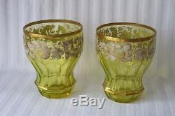 Antique Bohemian Moser uranium cut glass enamel pair of beakers c 1860