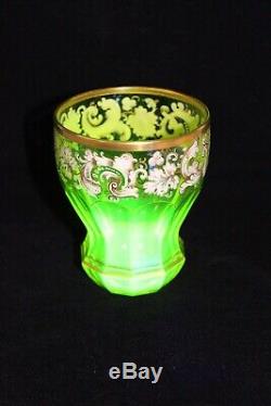 Antique Bohemian Moser uranium cut glass enamel pair of beakers c 1860