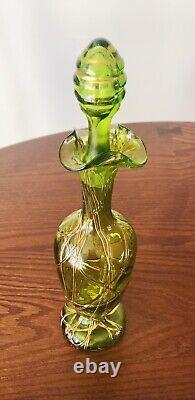 Antique Bohemian Pallme Konig Green Glass Threaded Vase/Perfume/Decanter 11T