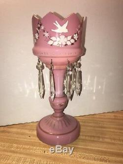 Antique Bohemian Pink Art Glass Mantle Lustre Luster Cut Crystal Prism Victorian
