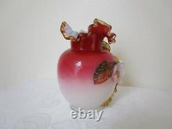 Antique Bohemian Pink Art Glass Vase With Applied Flowers Handmade Harrach