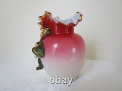 Antique Bohemian Pink Art Glass Vase With Applied Flowers Handmade Harrach