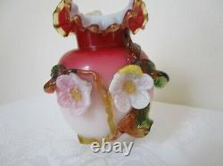 Antique Bohemian Pink Art Glass Vase With Applied Flowers Handmade Harrach