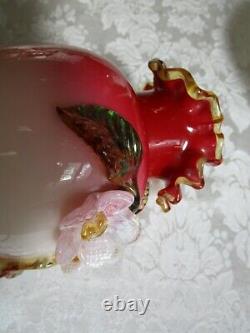 Antique Bohemian Pink Art Glass Vase With Applied Flowers Handmade Harrach