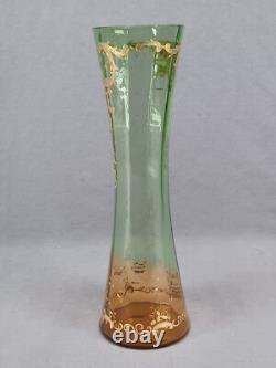 Antique Bohemian Raised Gold Scrollwork Green Orange Optic Molded Glass Vase Antique Bohemian Raised Gold Scrollwork Green Orange Optic Molded Glass Vase
