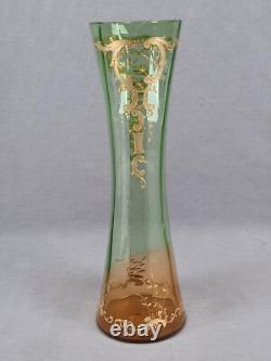 Antique Bohemian Raised Gold Scrollwork Green Orange Optic Molded Glass Vase Antique Bohemian Raised Gold Scrollwork Green Orange Optic Molded Glass Vase