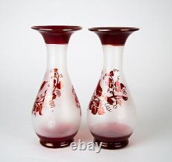 Antique Bohemian Ruby Red Flashed Frosted Bird Vases Blown Glass Rough Pontil