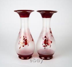 Antique Bohemian Ruby Red Flashed Frosted Bird Vases Blown Glass Rough Pontil