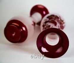 Antique Bohemian Ruby Red Flashed Frosted Bird Vases Blown Glass Rough Pontil