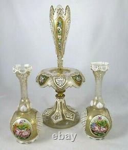 Antique Bohemian Single Flute Glass Epergne Handpaint Gold Floral 2 Match Vases